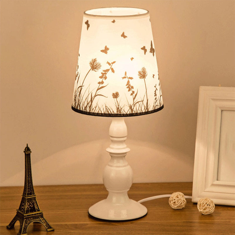 White 1 Head Table Lighting Classic Patterned Fabric Bucket Nightstand Lamp with Baluster Base