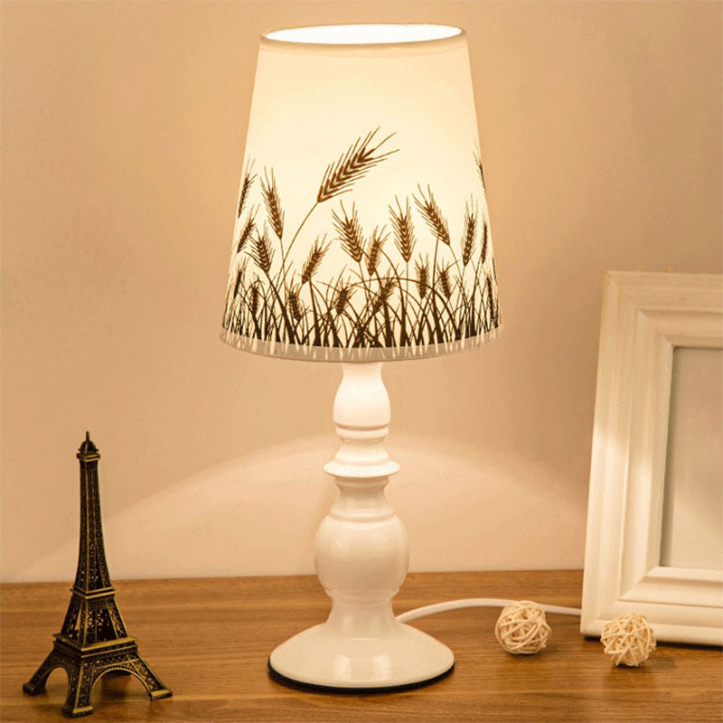 White 1 Head Table Lighting Classic Patterned Fabric Bucket Nightstand Lamp with Baluster Base