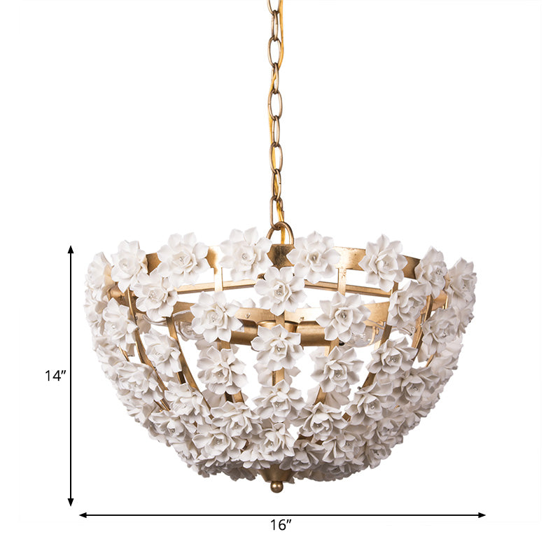 16"/19.5" Wide Hemisphere Chandelier Lighting Modern Metal Silver/Gold 3 Bulbs Hanging Ceiling Light with Ceramic Flowers