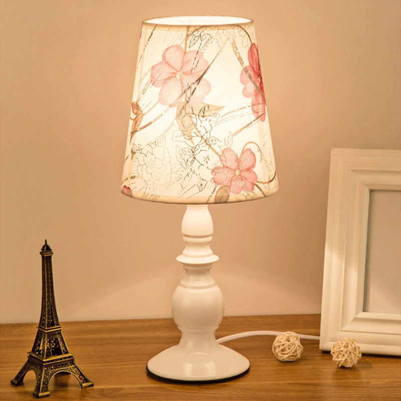 White 1 Head Table Lighting Classic Patterned Fabric Bucket Nightstand Lamp with Baluster Base