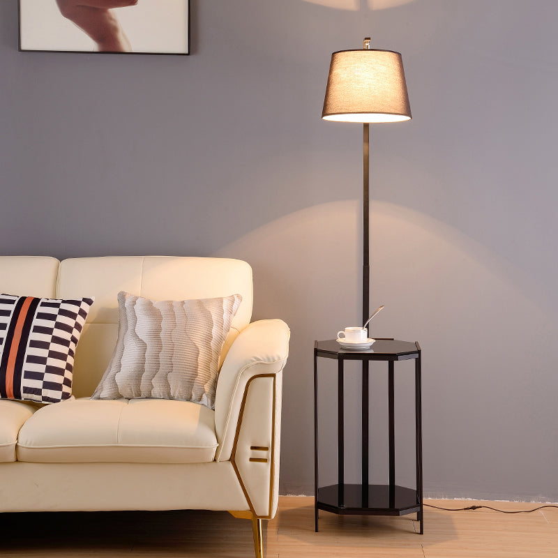 Bucket Living Room Floor Lamp Fabric 1��Head Modern Standing Light with 2-Tier Shelf