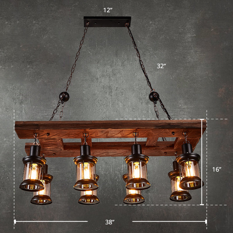 Wood 8-Light Island Ceiling Light Farmhouse Clear Glass Lantern Suspended Lighting Fixture
