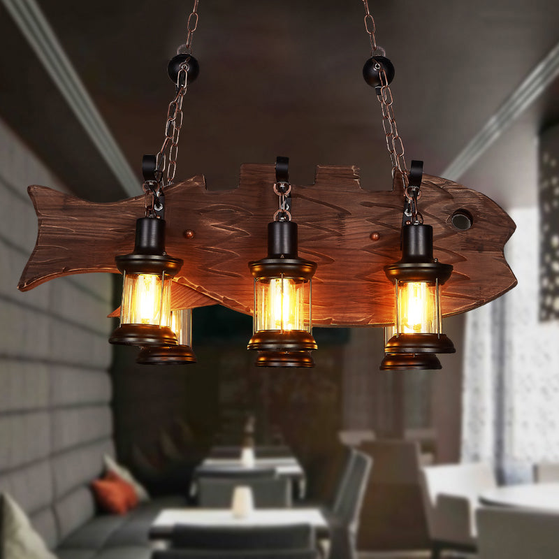 Clear Glass Lantern Island Pendant Country 6-Bulb Dining Room Suspension Light with Wooden Fish Deco