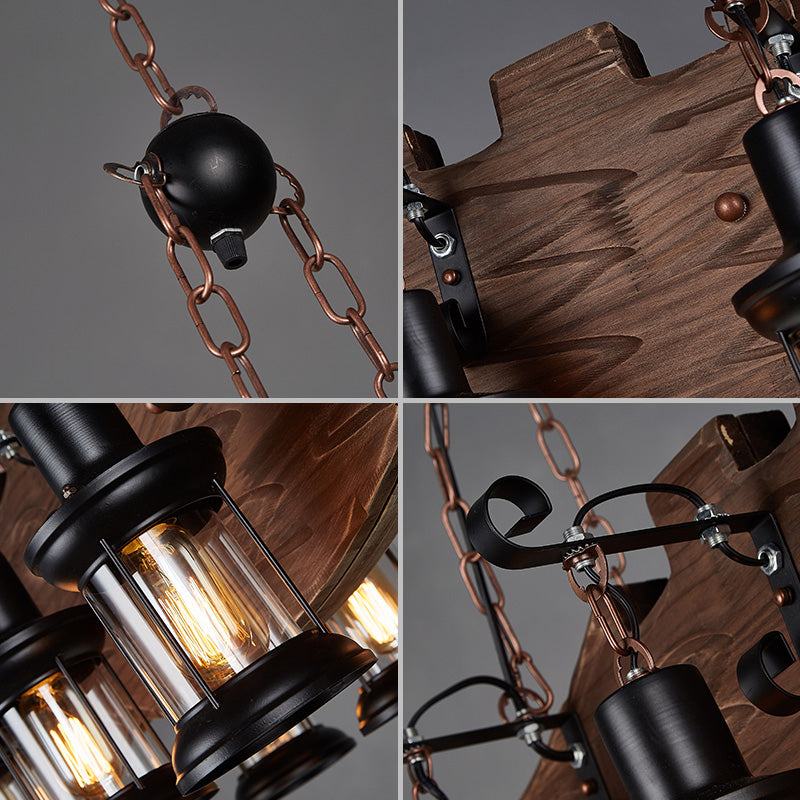 Clear Glass Lantern Island Pendant Country 6-Bulb Dining Room Suspension Light with Wooden Fish Deco