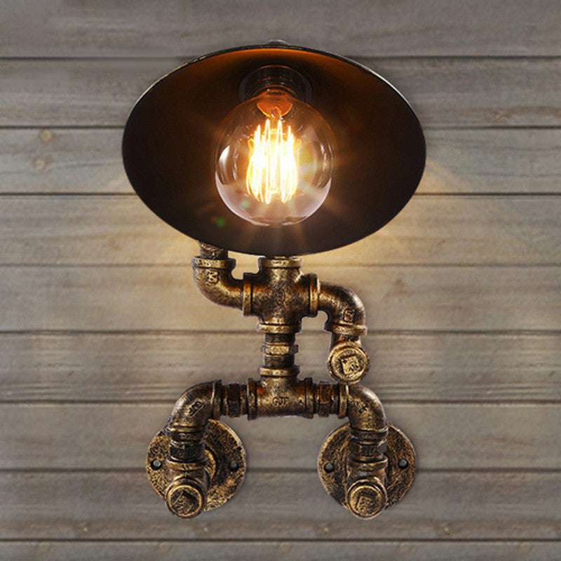 Iron Pipe Man Wall Mount Light Steampunk 1 Head Bedroom Wall Lamp with Flared Shade in Bronze