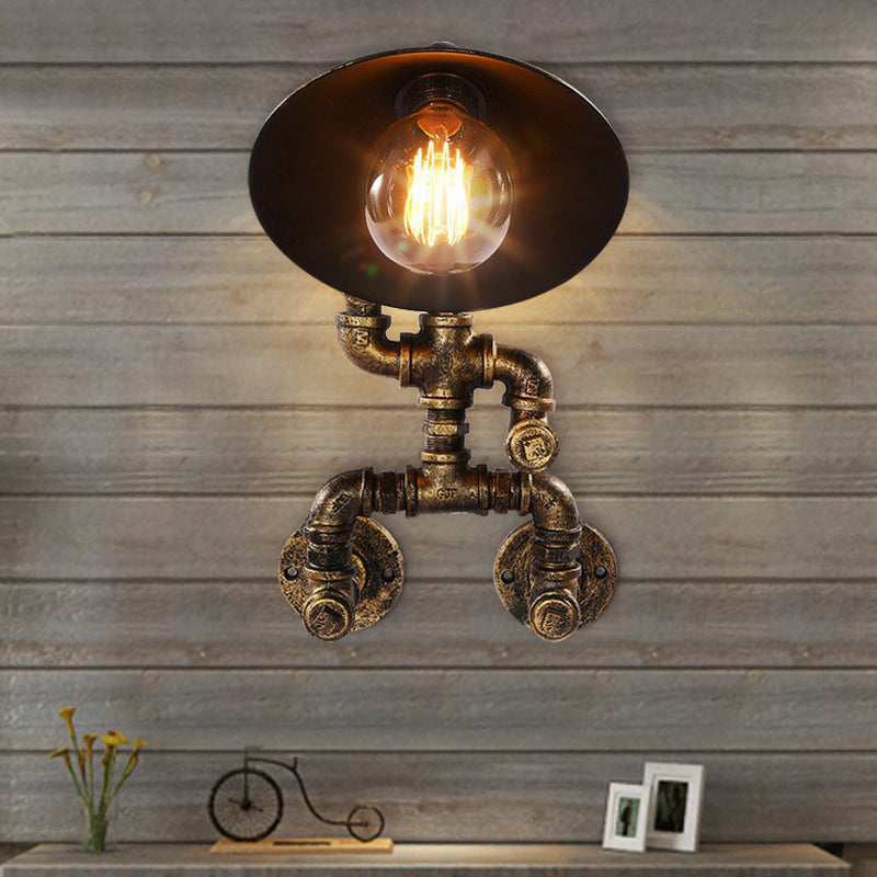Iron Pipe Man Wall Mount Light Steampunk 1 Head Bedroom Wall Lamp with Flared Shade in Bronze