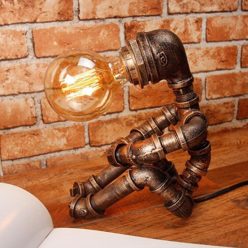1-Light Pipe Robot Table Lamp Industrial Antiqued Bronze Metal Night Stand Light for Bedroom