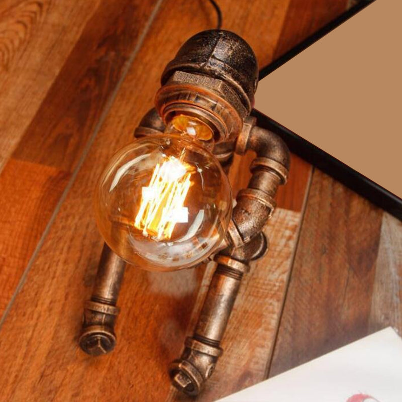 1-Light Pipe Robot Table Lamp Industrial Antiqued Bronze Metal Night Stand Light for Bedroom