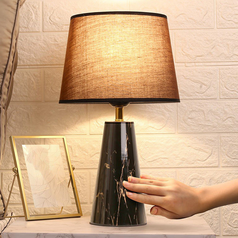 Fabric Tapered Night Stand Lamp Nordic 1 Bulb Table Light with Conic Marble Pedestal