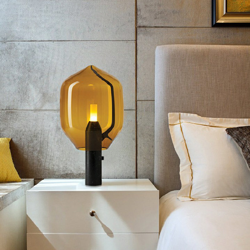 Glass Tulip Night Table Lamp Designer Single-Bulb Nightstand Light with Cylindrical Marble Base