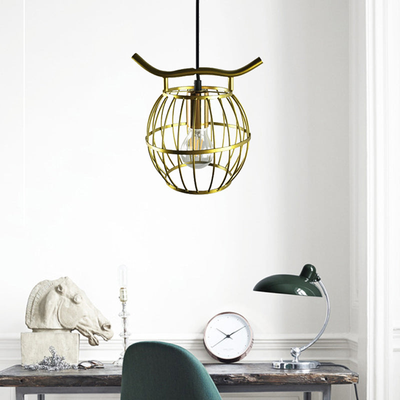 1 Light Metal Hanging Light Vintage Gold Orb Cage Stairway Pendant Light Fixture