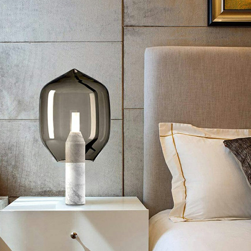 Glass Tulip Night Table Lamp Designer Single-Bulb Nightstand Light with Cylindrical Marble Base