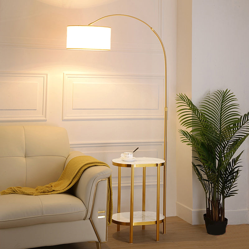 Round Floor Lighting Simple Style Fabric 1��Bulb Living Room Arched Standing Lamp with Shelf