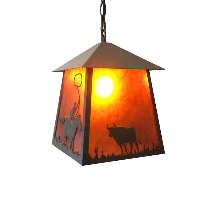 Land trapezoid hangend plafondlicht 1 licht metalen hanglampverlichting in roest met dierenpatroon