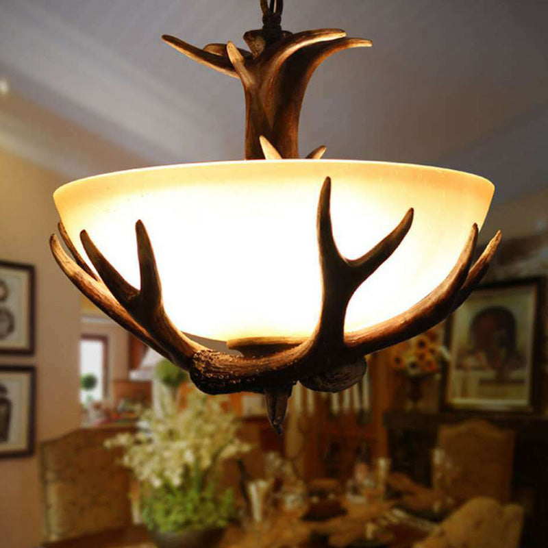Accesorio colgante en forma de tazón marrón vidrio blanco rústico 3 luces comedor de comedor luz de techo