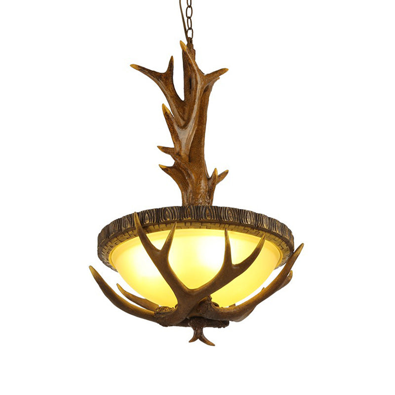 Brown 3 Lights Pendant Lighting Fixture Country Style Frosted Glass Bowl Hanging Ceiling Light with Elk Design