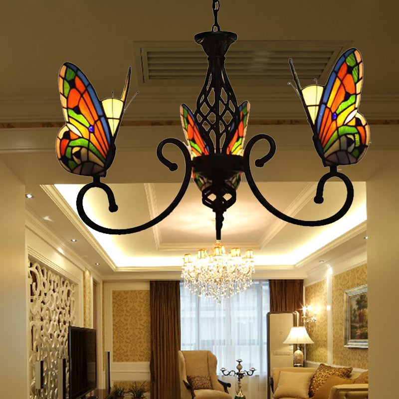 Lampadari Tiffany per sala da pranzo, apparecchio per illuminazione a sospensione a farfalla con tonalità in vetro colorato
