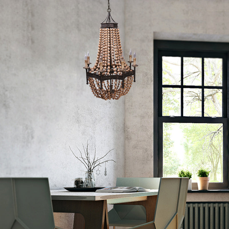 8 Heads Candle Ceiling Chandelier Traditional Wood Suspended Lighting Fixture in Beige