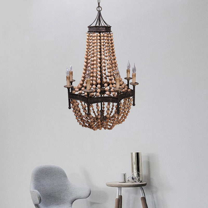 8 Heads Candle Ceiling Chandelier Traditional Wood Suspended Lighting Fixture in Beige