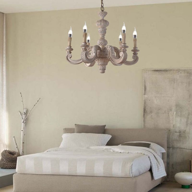 Branche Pendre lustre en bois traditionnel 6 ampoules Blanc lampe à suspension blanche pour chambre à coucher