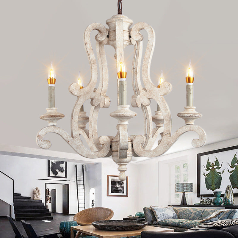 Metal Laser-Cut Chandelier Lamp Retro 5 Bulbs White Pendant Lighting Fixture for Living Room
