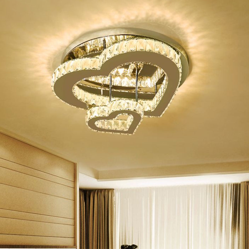 Heart-Shape Bedroom Ceiling Lighting Crystal Block LED Minimalist Semi Flush Mount in Chrome, Warm/White Light