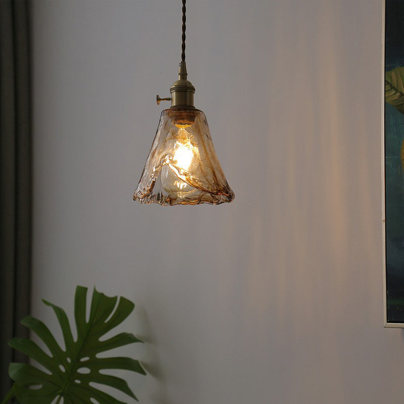 Single-Bulb Hanging Lamp Vintage Bell Cognac Glass Lighting Pendant for Dining Room