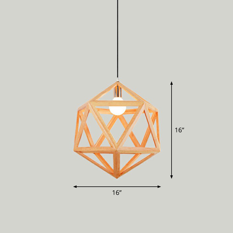 Wooden Geometric Cage Pendant Lamp Novelty Minimalist Single Ceiling Light Fixture for Restaurant