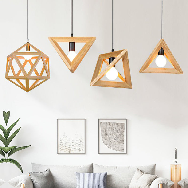 Wooden Geometric Cage Pendant Lamp Novelty Minimalist Single Ceiling Light Fixture for Restaurant