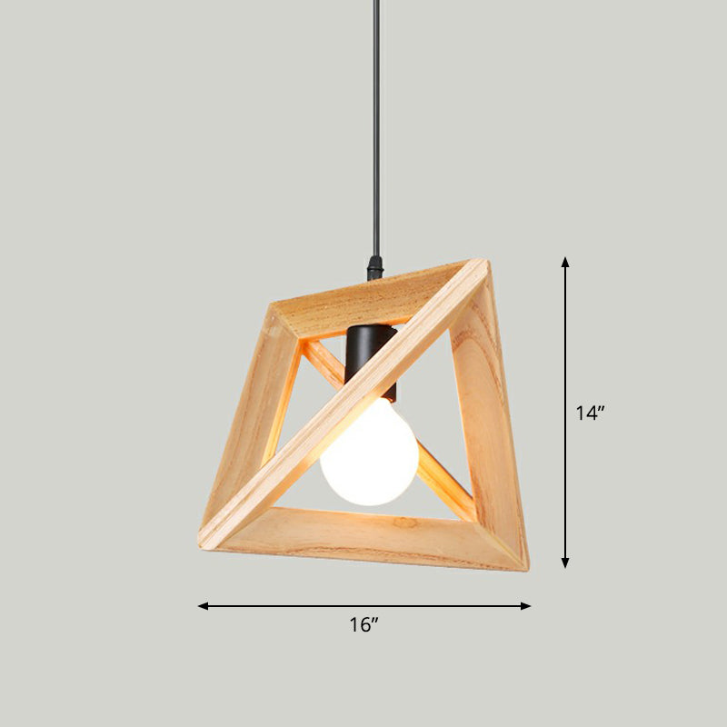 Wooden Geometric Cage Pendant Lamp Novelty Minimalist Single Ceiling Light Fixture for Restaurant