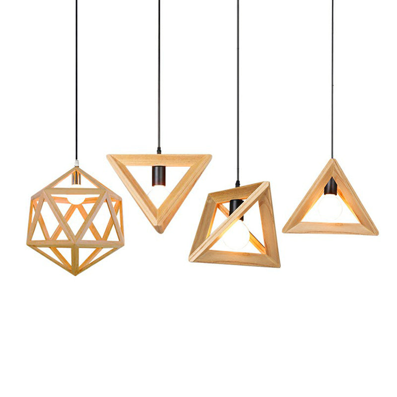Wooden Geometric Cage Pendant Lamp Novelty Minimalist Single Ceiling Light Fixture for Restaurant