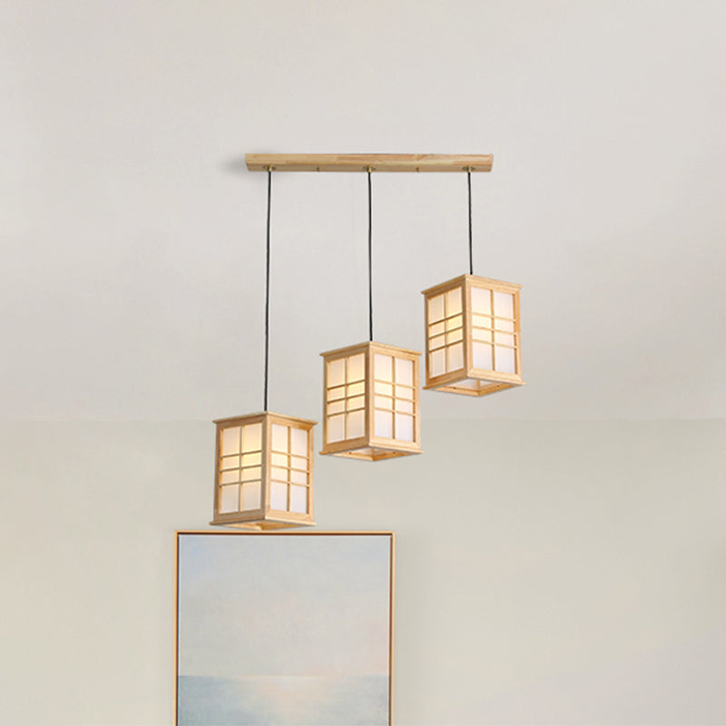 Japonais 3 lumières pendentif beige rectangulaire lampe suspendue avec une teinte en bois pour salle à manger