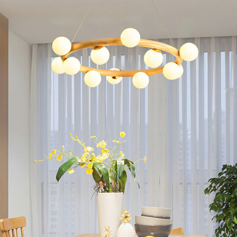 Circular Wooden Pendant Chandelier Minimalism Beige Hanging Light with Orb White Glass Shade