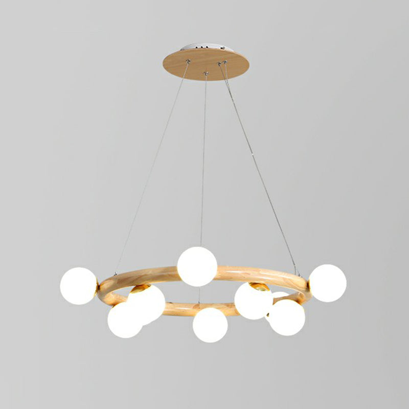 Circular Wooden Pendant Chandelier Minimalism Beige Hanging Light with Orb White Glass Shade