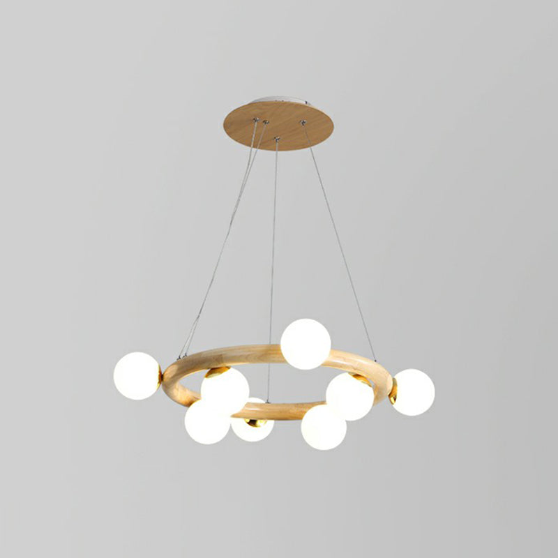 Lampadario circolare a pendente in legno minimalismo beige appeso la luce con sfera di vetro bianco