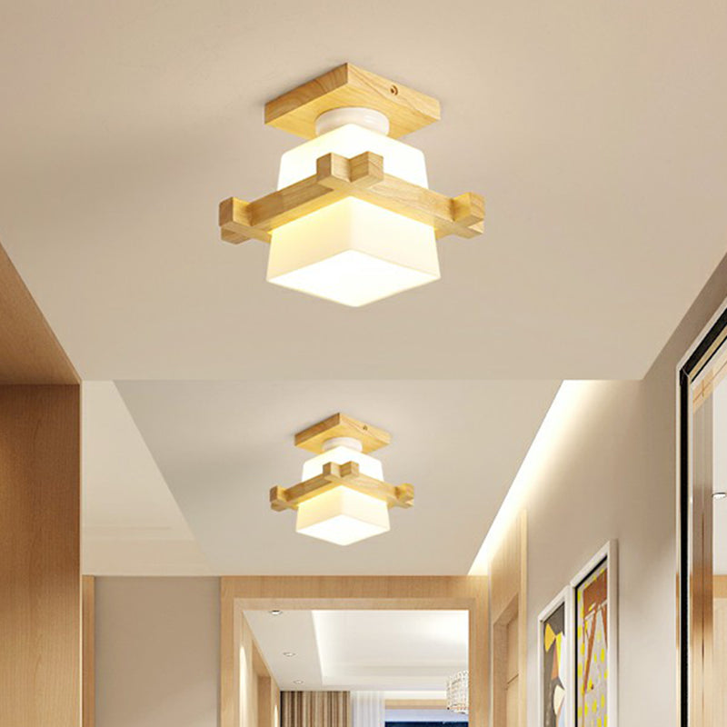 Small Aisle Ceiling Flush Light White Glass 1 Head Nordic Semi Mount Lighting in Wood