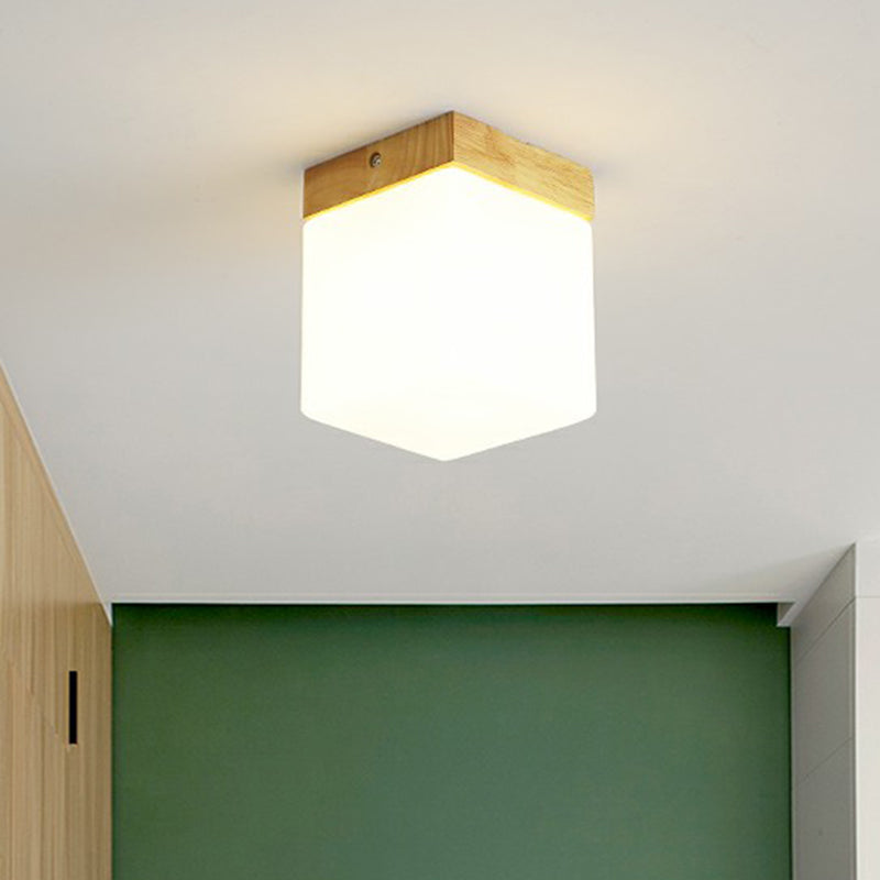 Small Aisle Ceiling Flush Light White Glass 1 Head Nordic Semi Mount Lighting in Wood