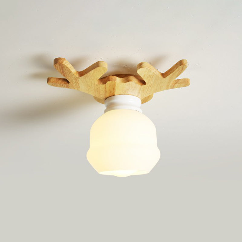 Small Aisle Ceiling Flush Light White Glass 1 Head Nordic Semi Mount Lighting in Wood