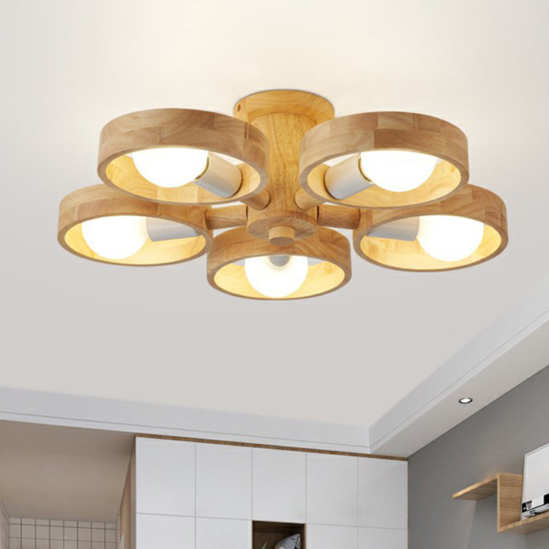 Ring Shaped Semi Flush Chandelier Simplicity Wooden Bedroom Flush Mount Ceiling Light