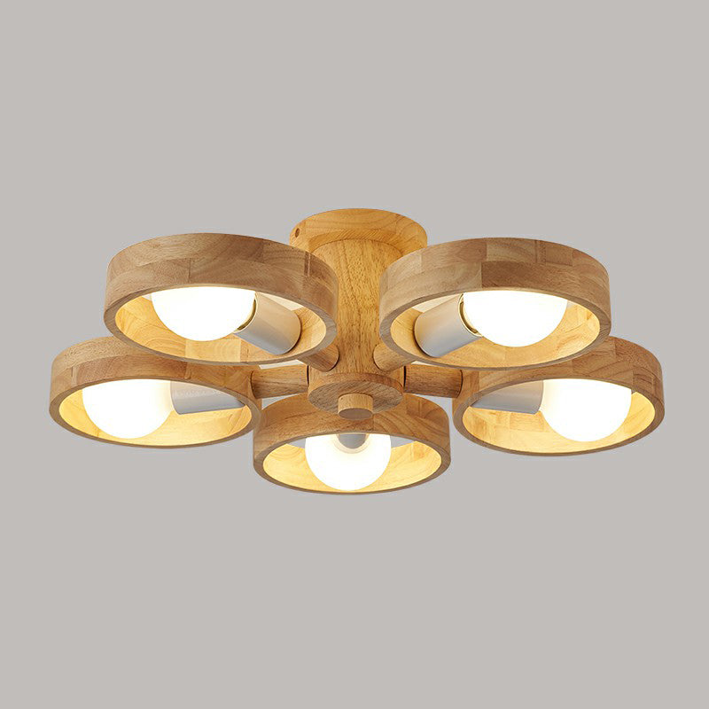 Ring Shaped Semi Flush Chandelier Simplicity Wooden Bedroom Flush Mount Ceiling Light
