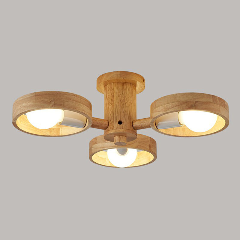Ring Shaped Semi Flush Chandelier Simplicity Wooden Bedroom Flush Mount Ceiling Light