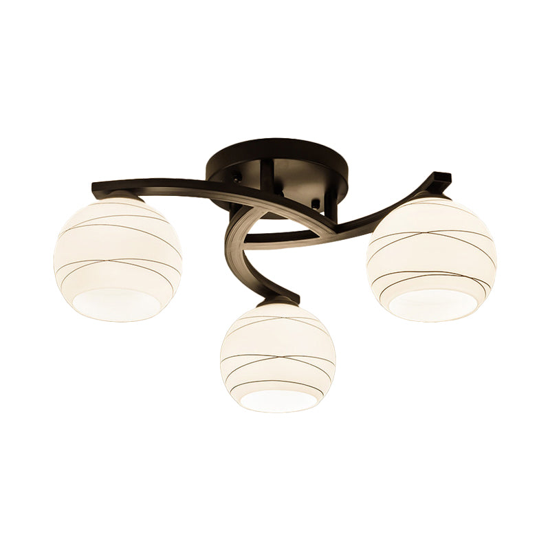 Luz semi empotrada esférica de vidrio blanco tradicional de montaje en techo de 3/5/8 luces negras para pasillo