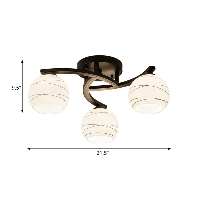 Luz semi empotrada esférica de vidrio blanco tradicional de montaje en techo de 3/5/8 luces negras para pasillo