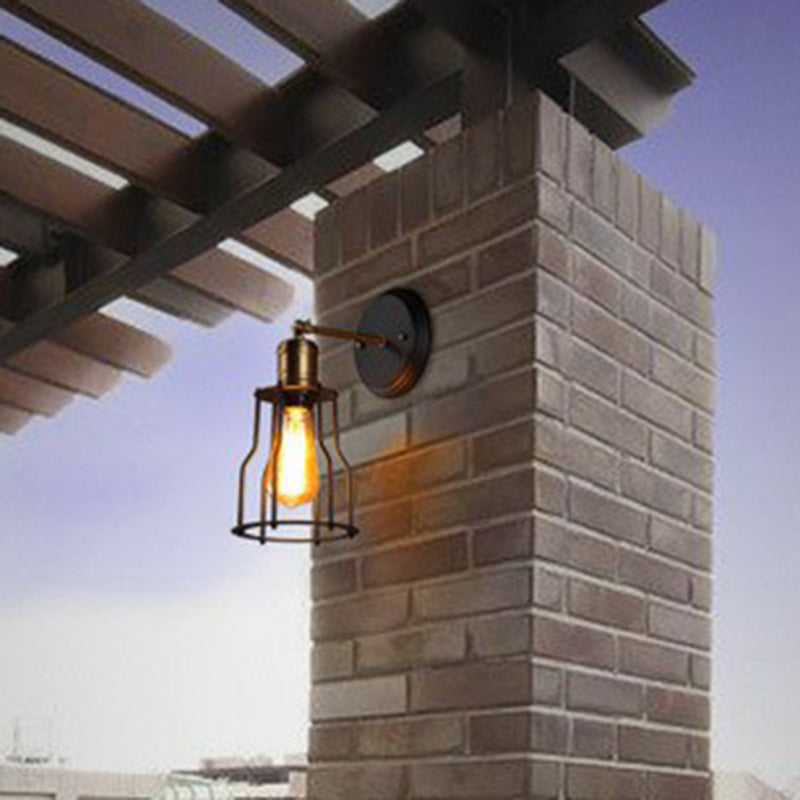 1-Light Swivelable Arm Wall Light Industrial Black Metal Wall Lamp Fixture with Cage Shade