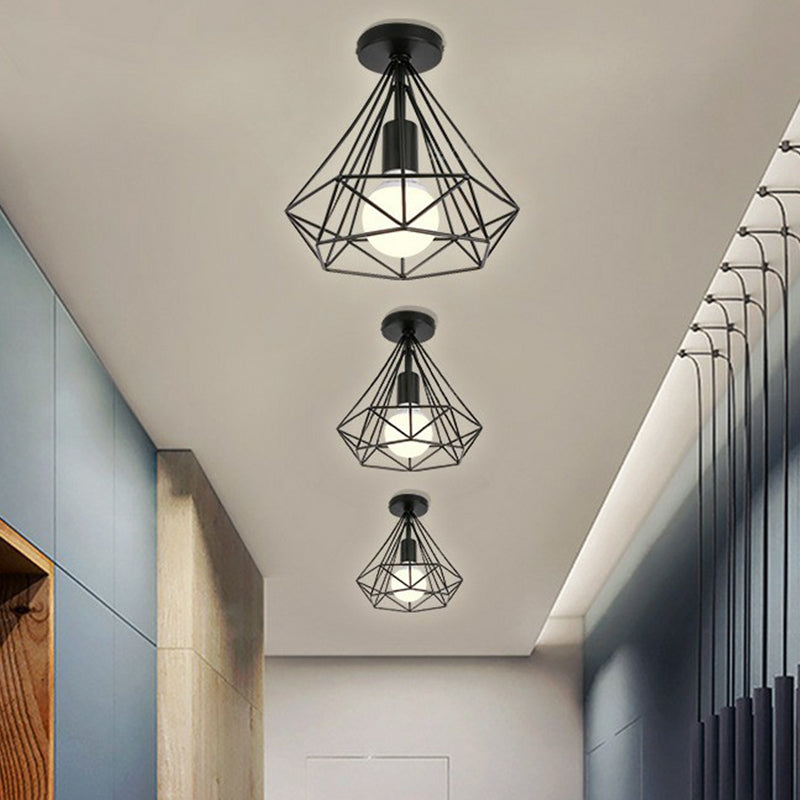 Single-Bulb Ceiling Fixture Vintage Iron Wire Geometric Flush Mount Lighting for Aisle