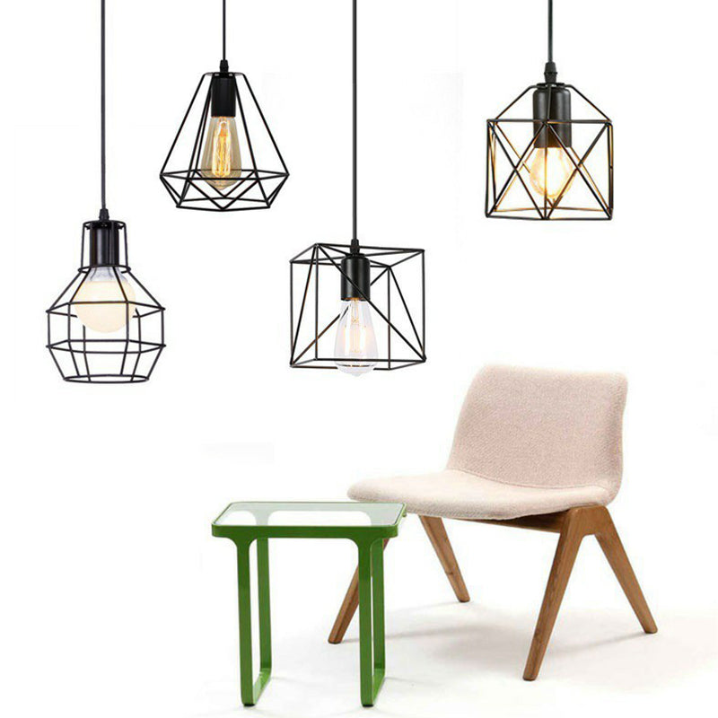 Wire Cage Bedside Pendant Light Fixture Industrial Metal 1-Light Black Hanging Lamp Kit