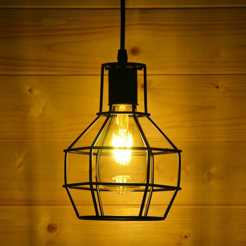 Wire Cage Bedside Pendant Light Fixture Industrial Metal 1-Light Black Hanging Lamp Kit