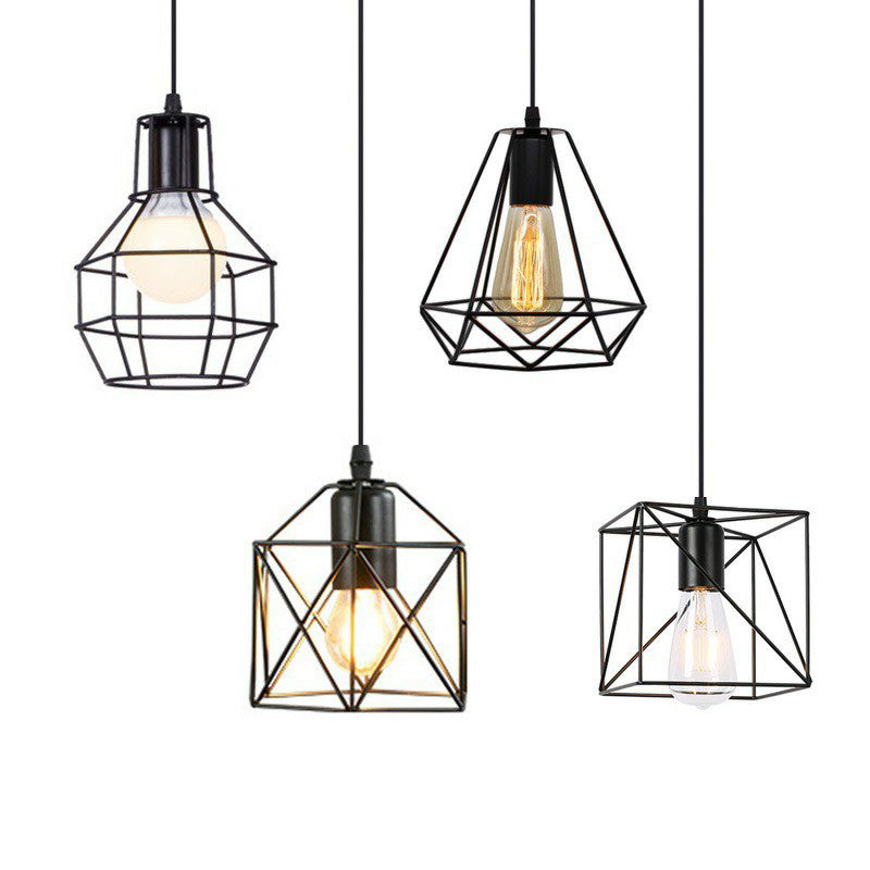 Wire Cage Bedside Pendant Light Fixture Industrial Metal 1-Light Black Hanging Lamp Kit