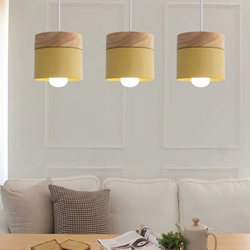 Cylindrical Metal Hanging Lamp Minimalist 1-Light Wood Pendant Light Fixture over Table