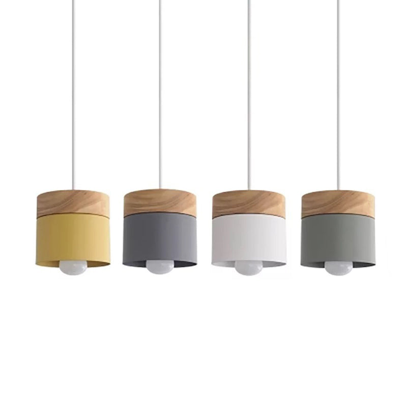 Cylindrical Metal Hanging Lamp Minimalist 1-Light Wood Pendant Light Fixture over Table